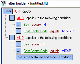 This is the completed filter, using an overall OR, and two AND statements